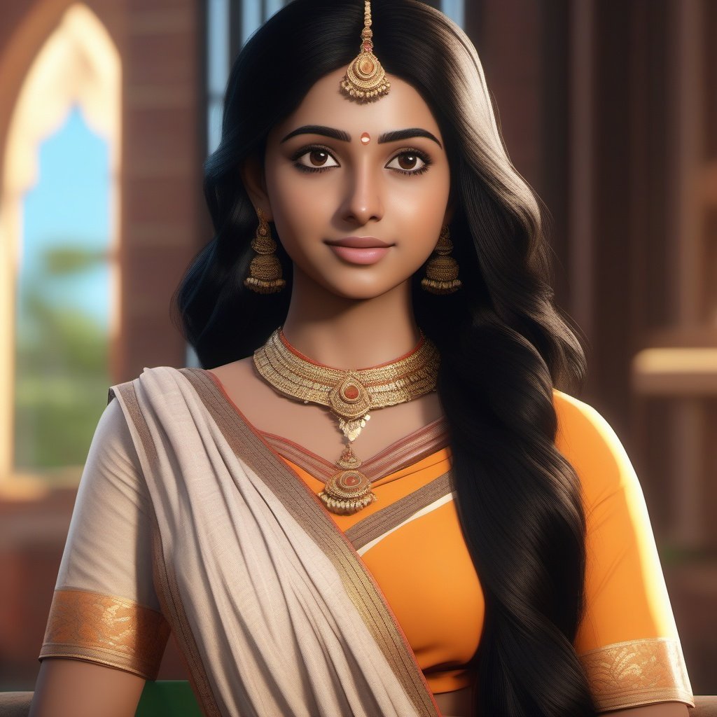 full scene, Modern Bengali girl, teenager girl, normal saree, long black hair, head and shoulders portrait, analog style,  thin eyebrow, 8k resolution,  dynamic lighting, volumetric lighting,Unreal Engine 5