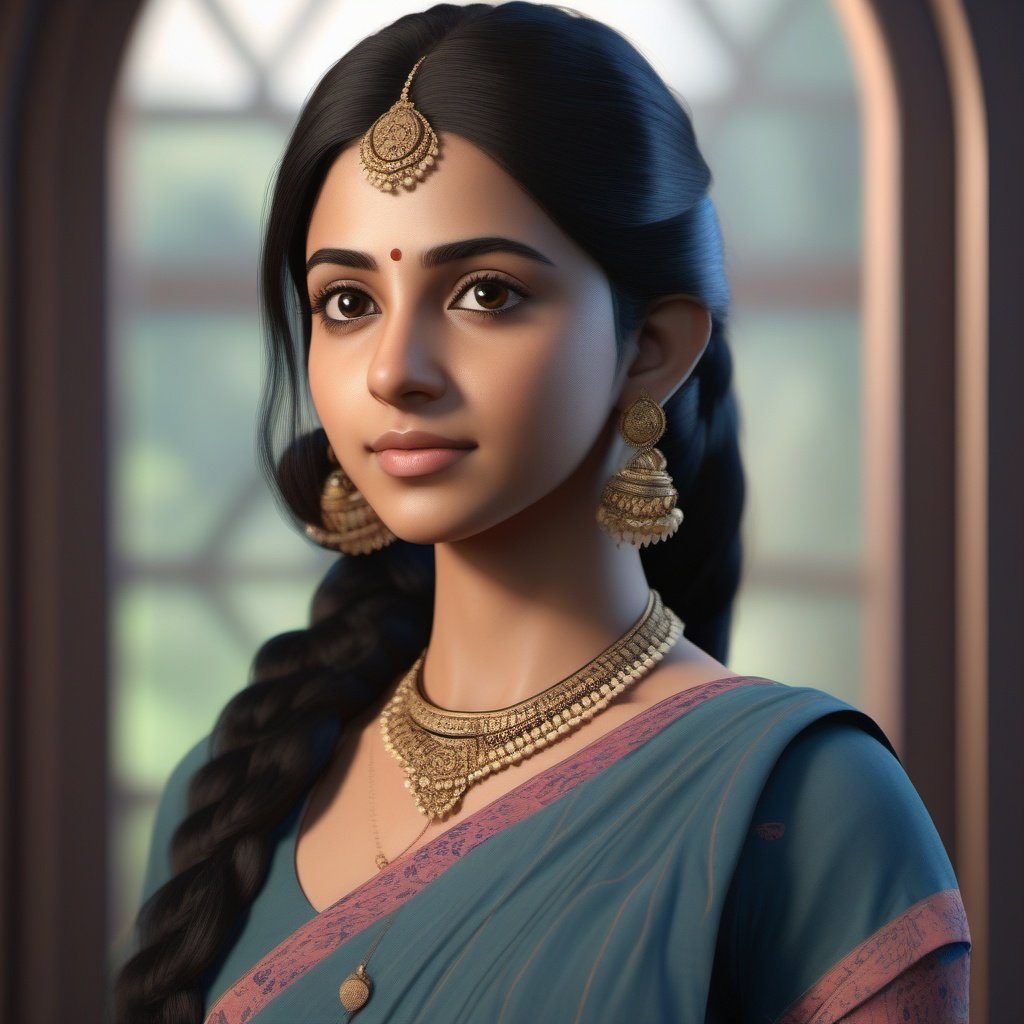 full scene, Modern Bengali girl, teenager girl, normal saree, long black hair, head and shoulders portrait, analog style,  thin eyebrow, 8k resolution,  dynamic lighting, volumetric lighting,Unreal Engine 5