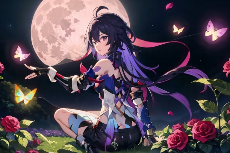 masterpiece, best quality, SeeleV4, 1girl, solo, looking at viewer, gloves, cleavage, bare shoulders, very long hair, flower, butterfly graffiti background, sky, shorts, black gloves, fingerless gloves, petals, short shorts, night, rose, black shorts, moon, bug, butterfly, full moon, open fly, from_behind, sitting_down