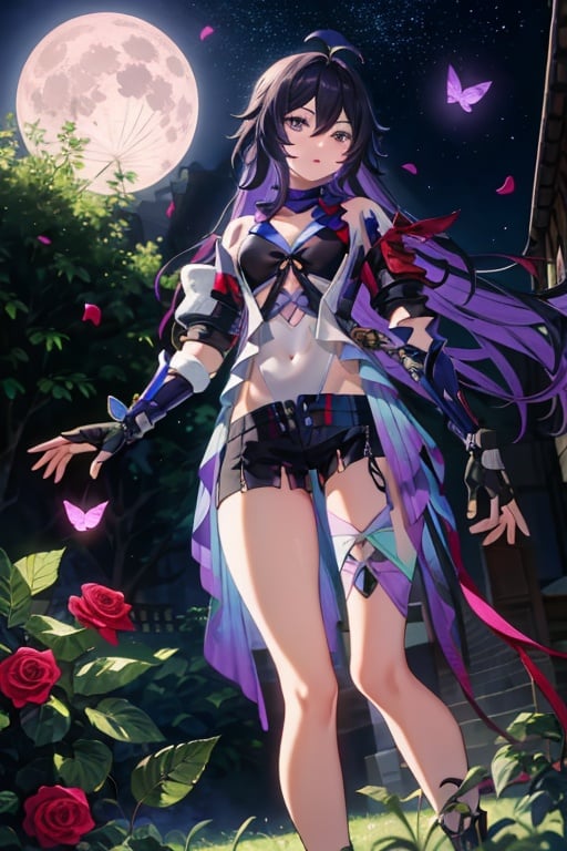 masterpiece, best quality, SeeleV4, 1girl, solo, looking at viewer, gloves, cleavage, bare shoulders, very long hair, flower, outdoors, sky, shorts, black gloves, fingerless gloves, petals, short shorts, night, rose, black shorts, moon, bug, butterfly, full moon, open fly, from below,