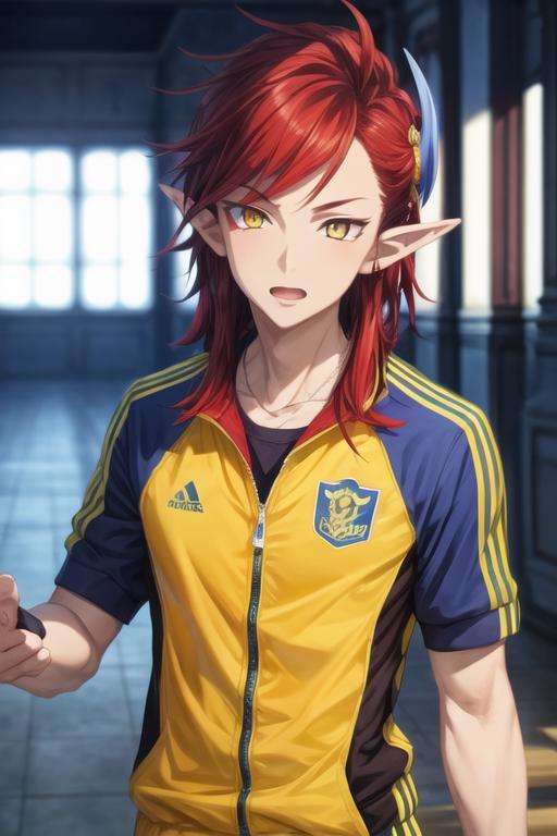 masterpiece, best quality, wallpaper, 1boy, solo, male focus, looking at viewer, , depth of field, <lora:adelle_shironeko:0.68>, adelle_shironeko, red hair, yellow eyes, pointy ears, multicolored hair, , , track suit,