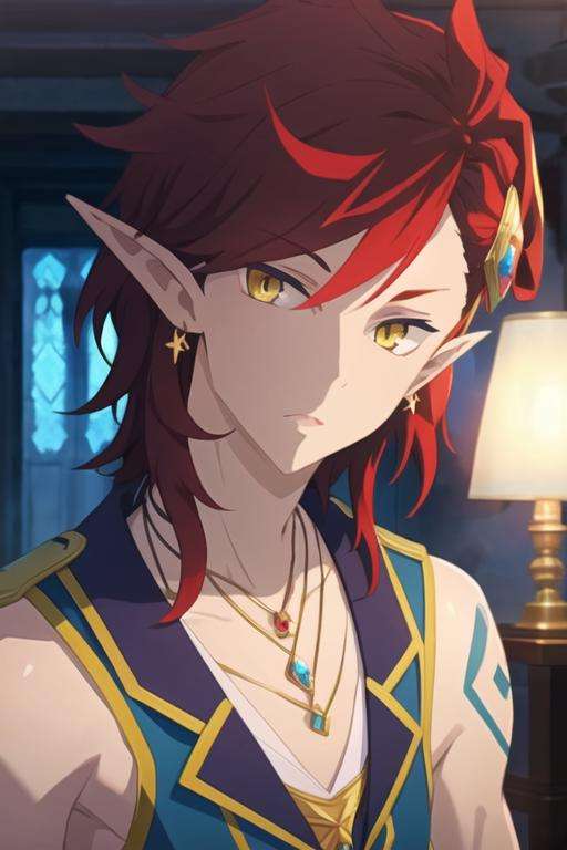 masterpiece, best quality, game cg, 1boy, solo, male focus, looking at viewer, , depth of field, <lora:adelle_shironeko:0.72>, adelle_shironeko, red hair, yellow eyes, pointy ears, multicolored hair, , jewelry, necklace, ,