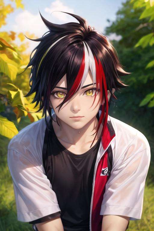 masterpiece, best quality, photorealistic, 1boy, solo, male focus, looking at viewer, upper body, , <lora:prince_of_darkness_shironeko:0.70>, prince_of_darkness_shironeko, black hair, red hair, multicolored hair, yellow eyes, streaked hair, hair between eyes, , two-tone hair, sportswear,