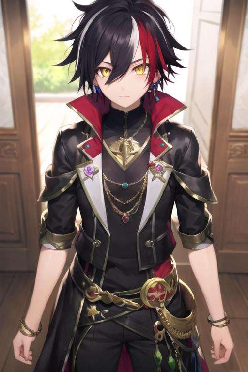 masterpiece, best quality, , 1boy, solo, male focus, looking at viewer, , depth of field, <lora:prince_of_darkness_shironeko:0.68>, prince_of_darkness_shironeko, black hair, red hair, multicolored hair, yellow eyes, streaked hair, hair between eyes, jewelry, two-tone hair, ,