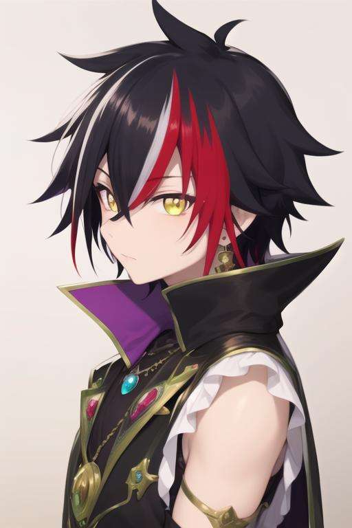 masterpiece, best quality, wallpaper, 1boy, solo, male focus, looking at viewer, upper body, depth of field, <lora:prince_of_darkness_shironeko:0.68>, prince_of_darkness_shironeko, black hair, red hair, multicolored hair, yellow eyes, streaked hair, hair between eyes, jewelry, two-tone hair, ,