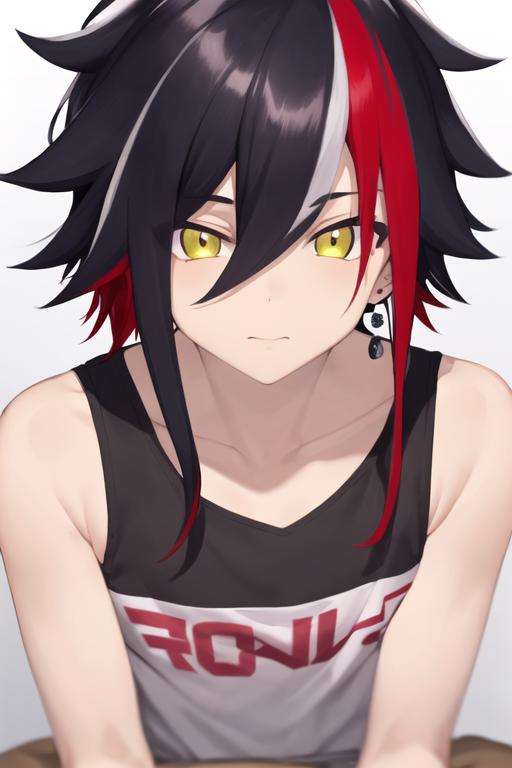 masterpiece, best quality, wallpaper, 1boy, solo, male focus, looking at viewer, upper body, depth of field, <lora:prince_of_darkness_shironeko:0.72>, prince_of_darkness_shironeko, black hair, red hair, multicolored hair, yellow eyes, streaked hair, hair between eyes, , two-tone hair, tank top,