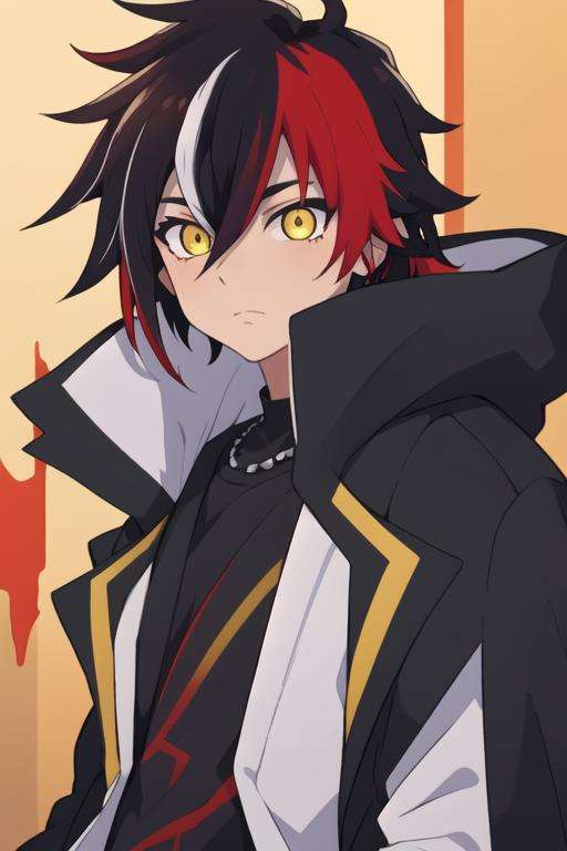 masterpiece, best quality, illustration, 1boy, solo, male focus, looking at viewer, , depth of field, <lora:prince_of_darkness_shironeko:0.66>, prince_of_darkness_shironeko, black hair, red hair, multicolored hair, yellow eyes, streaked hair, hair between eyes, , two-tone hair, coat,