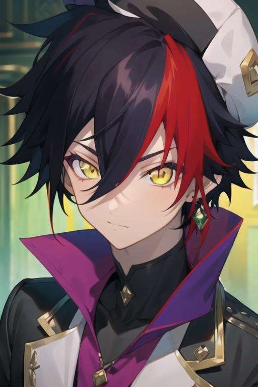 masterpiece, best quality, game cg, 1boy, solo, male focus, looking at viewer, , , <lora:prince_of_darkness_shironeko:0.72>, prince_of_darkness_shironeko, black hair, red hair, multicolored hair, yellow eyes, streaked hair, hair between eyes, jewelry, two-tone hair, , hat