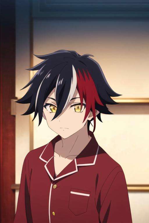 masterpiece, best quality, , 1boy, solo, male focus, looking at viewer, upper body, , <lora:prince_of_darkness_shironeko:0.66>, prince_of_darkness_shironeko, black hair, red hair, multicolored hair, yellow eyes, streaked hair, hair between eyes, , two-tone hair, pajamas,