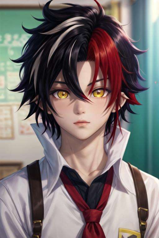 masterpiece, best quality, game cg, 1boy, solo, male focus, looking at viewer, upper body, , <lora:prince_of_darkness_shironeko:0.66>, prince_of_darkness_shironeko, black hair, red hair, multicolored hair, yellow eyes, streaked hair, hair between eyes, , two-tone hair, school uniform,