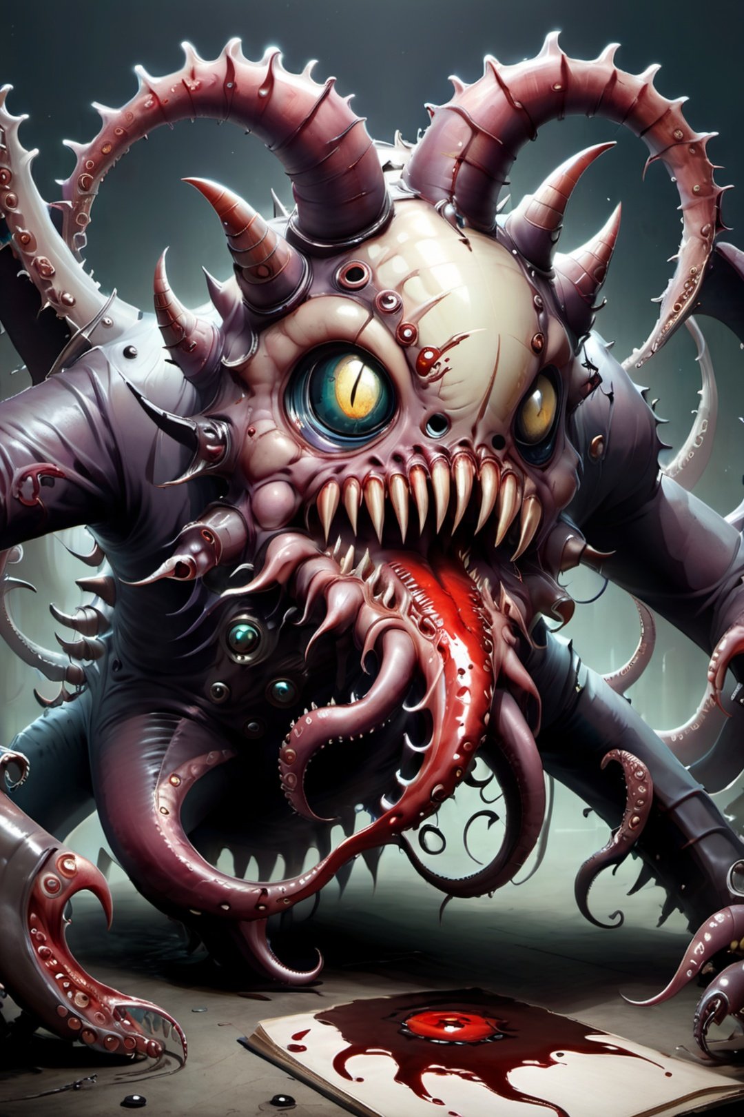 biopunk style, monster, eldritch abomination, tentacles, teeth, extra eyes, sharp teeth, blood, horns, no humans