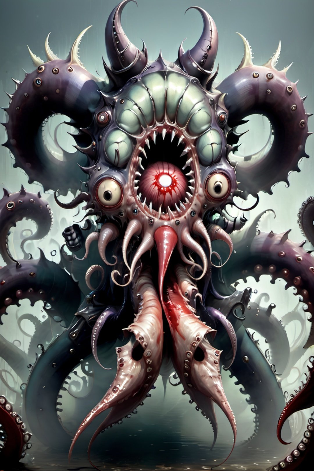 biopunk style, monster, eldritch abomination, tentacles, teeth, extra eyes, sharp teeth, blood, horns, no humans