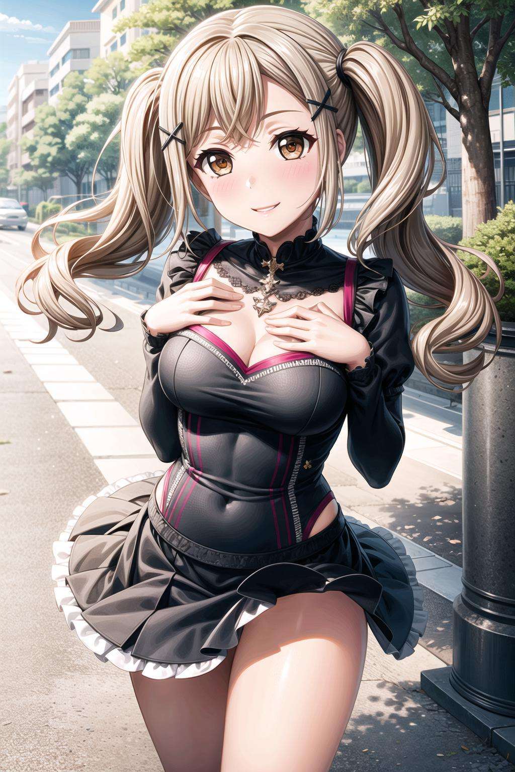 (1girl), (solo:1.5), (masterpiece, best quality, ultra-detailed), (illustration), (beautiful detailed eyes),  <lora:more_details:0.6> ichigaya arisa, (brown eyes:1.2),blonde hair,x hair ornament, twintails,  bangs, (medium breasts:1.2), thighs, <lora:ArisaV1:0.6>(dress, frills, skirt frilled:1.3)(outdoors, street, trees, greenary:1.2)looking the viewer, smile, parted lips, (standing:1.2), (arm behind back, hand on chest:1.3), (cowboy shot:1.3)