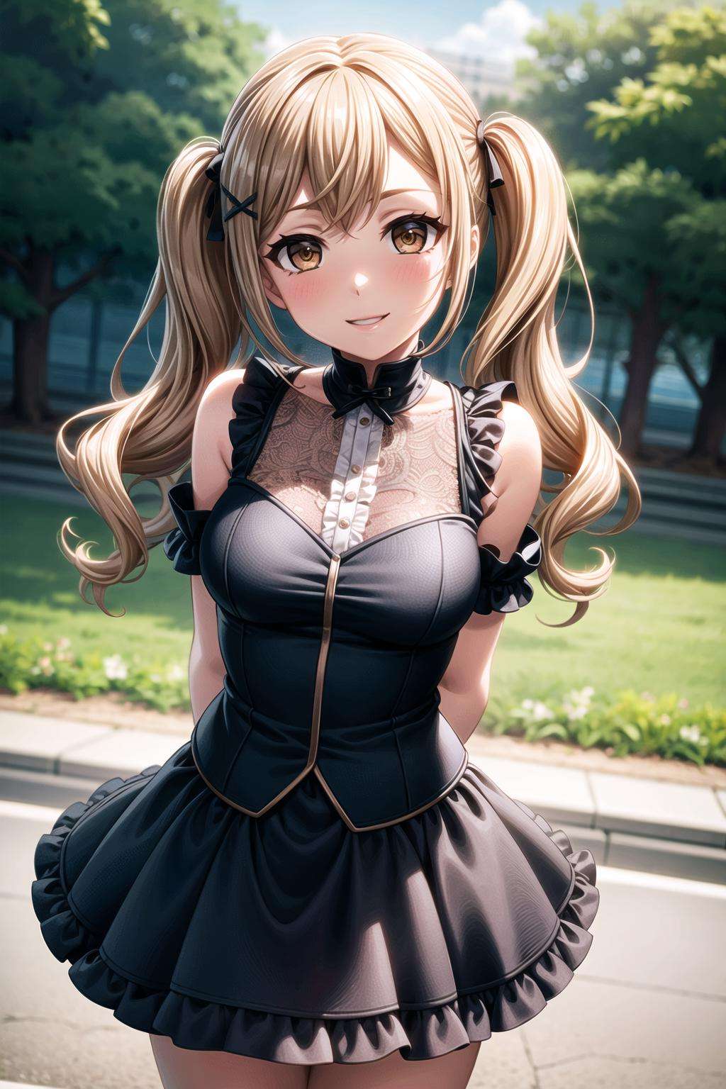 (masterpiece, best quality, ultra-detailed), (illustration), (beautiful detailed eyes),  <lora:more_details:0.6>(1girl), (solo:1.3),  ichigaya arisa, (brown eyes:1.2),blonde hair,x hair ornament, twintails,  bangs, (medium breasts:1.2), thighs, <lora:ArisaV1:0.6>(dress, frills, skirt frilled:1.3)(outdoors, greenary:1.2)looking the viewer, smile, parted lips, (standing:1.2), (arms behind back:1.3), (cowboy shot, focus:1.3)  