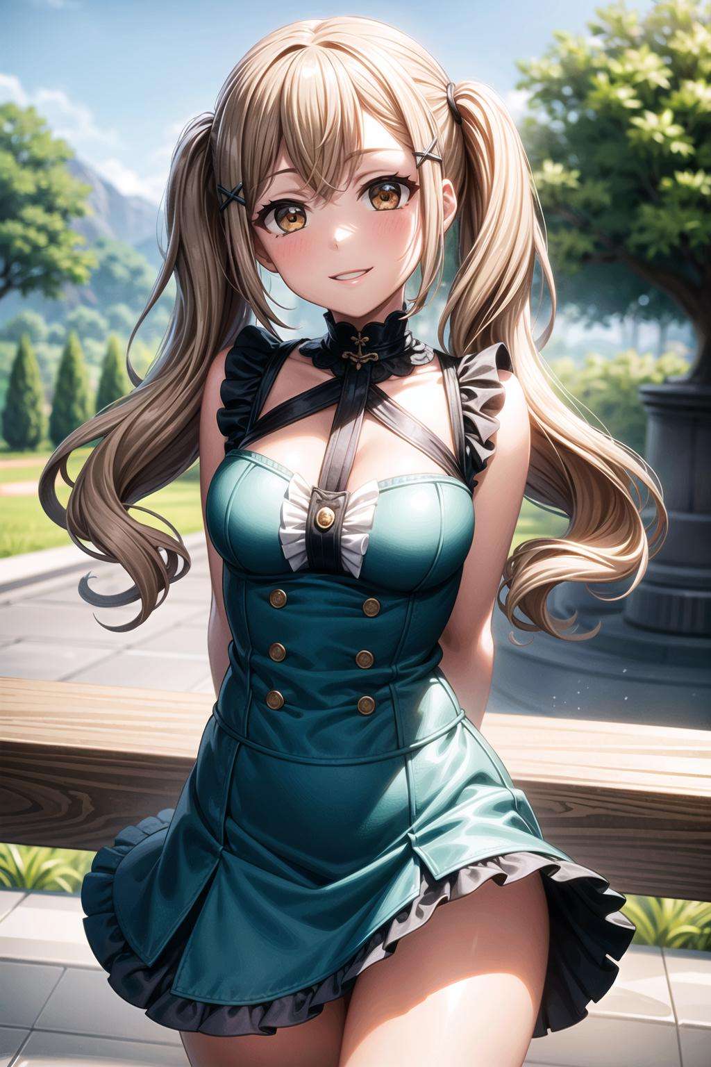 (masterpiece, best quality, ultra-detailed), (illustration), (beautiful detailed eyes),  <lora:more_details:0.6>(1girl), (solo:1.3),  ichigaya arisa, (brown eyes:1.2),blonde hair,x hair ornament, twintails,  bangs, (medium breasts:1.2), thighs, <lora:ArisaV1:0.5>(dress, frills, skirt frilled:1.3)(outdoors, greenary:1.2)looking the viewer, smile, parted lips, (standing:1.2), (arms behind back:1.3), (cowboy shot, focus:1.3)  