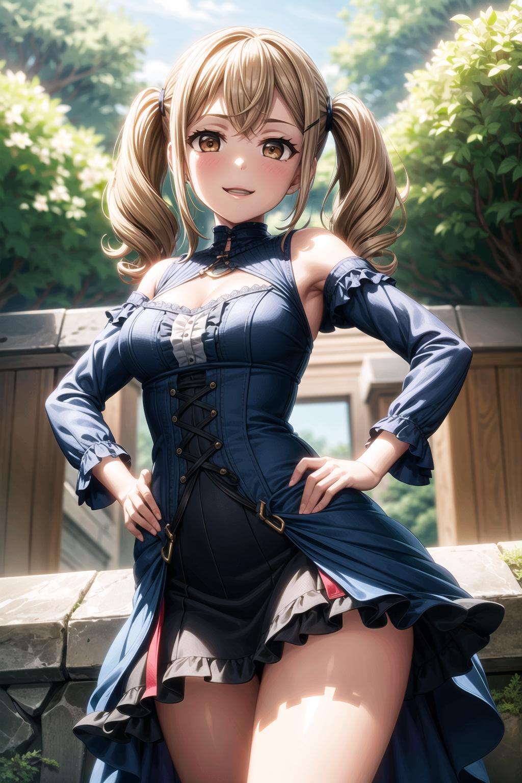 (masterpiece, best quality, ultra-detailed), (illustration), (beautiful detailed eyes),  <lora:more_details:0.6>(1girl), (solo:1.3),  ichigaya arisa, (brown eyes:1.2),blonde hair,x hair ornament, twintails,  bangs, (medium breasts:1.2), thighs, <lora:ArisaV1:0.6>(dress, frills, skirt frilled:1.3)(outdoors, greenary:1.2)looking the viewer, smile, parted lips, (standing:1.2), (hands on hips:1.3), (cowboy shot, focus:1.3)  