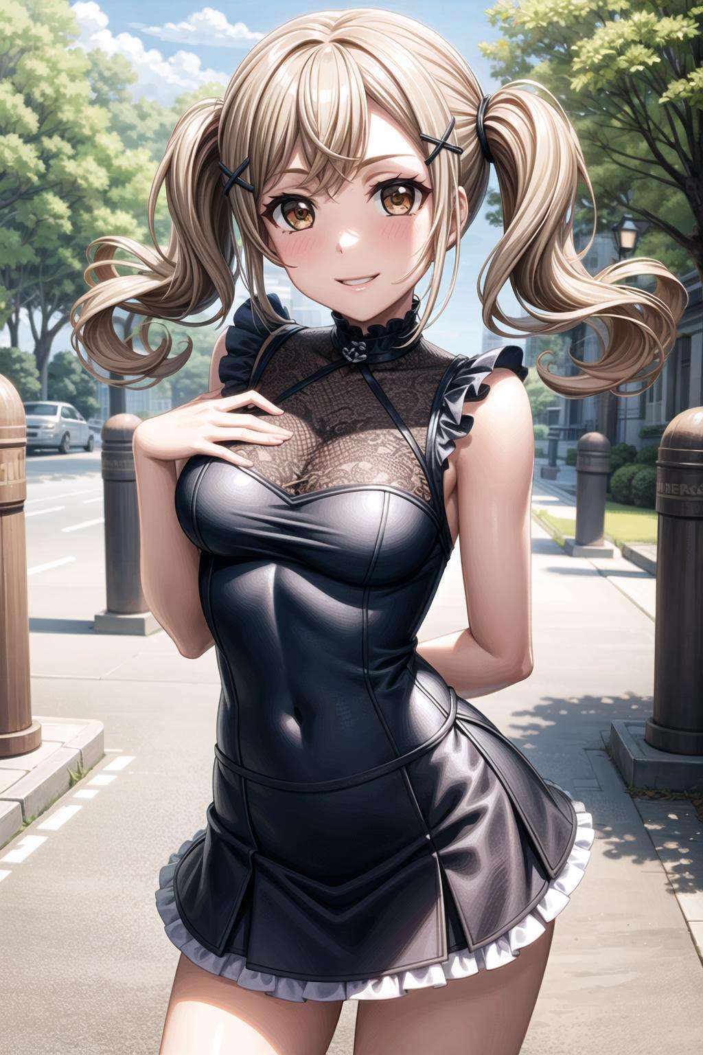 (1girl), (solo:1.5), (masterpiece, best quality, ultra-detailed), (illustration), (beautiful detailed eyes),  <lora:more_details:0.6> ichigaya arisa, (brown eyes:1.2),blonde hair,(x hair ornament:1.3), twintails,  bangs, (medium breasts:1.2), thighs, <lora:ArisaV1:0.6>(civilian clothes, dress, frills, skirt frilled:1.3)(outdoors, street, trees, greenary:1.2)looking the viewer, smile, parted lips, (standing:1.2), (arm behind back, hand on chest:1.3), (cowboy shot:1.3)