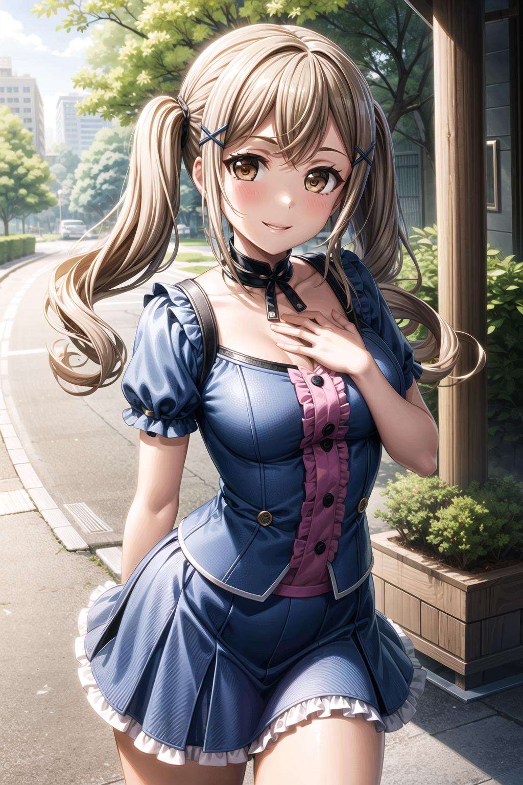 (1girl), (solo:1.5), (masterpiece, best quality, ultra-detailed), (illustration), (beautiful detailed eyes),  <lora:more_details:0.6> ichigaya arisa, (brown eyes:1.2),blonde hair,(x hair ornament:1.3), twintails,  bangs, (medium breasts:1.2), thighs, <lora:ArisaV1:0.6>(civilian clothes, blue dress, frills, skirt frilled:1.3)(outdoors, street, trees, greenary:1.2)looking the viewer, smile, parted lips, (standing:1.2), (arm behind back, hand on chest:1.3), (cowboy shot:1.3)