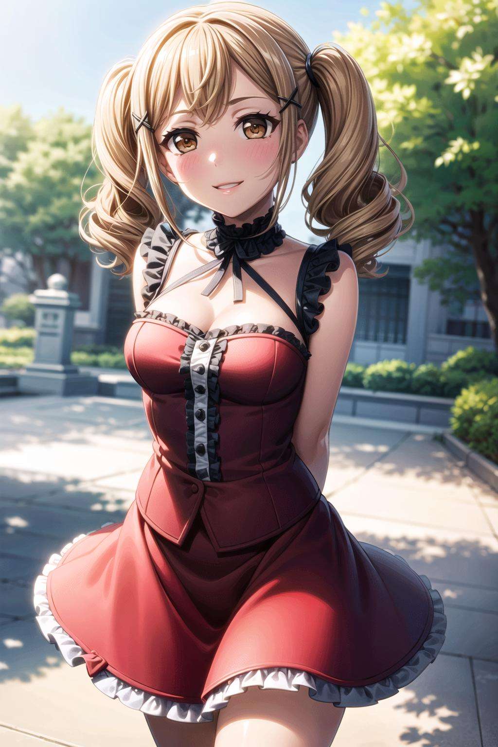 (masterpiece, best quality, ultra-detailed), (illustration), (beautiful detailed eyes),  <lora:more_details:0.6>(1girl), (solo:1.3),  ichigaya arisa, (brown eyes:1.2),blonde hair,x hair ornament, (twintails:1.2),  (medium breasts:1.2), thighs, <lora:ArisaV1:0.7>(dress, frills, skirt frilled:1.3)(outdoors, greenary:1.2)looking the viewer, smile, parted lips, (standing:1.2), (arms behind back:1.3), (cowboy shot, focus:1.3)  