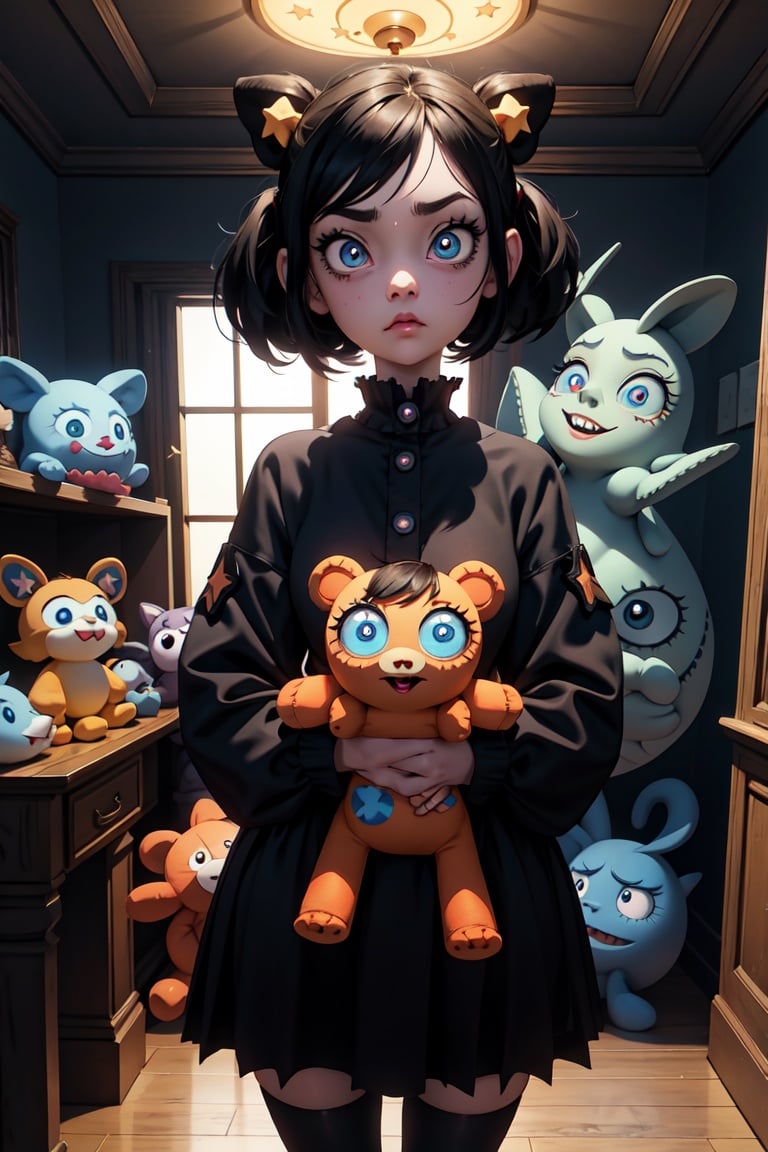 adorable 2D Pixar-style girl, detailed and macabre outfit, big eyes with star-shaped pupils, standing in a room decorated with various plush toys, digital art