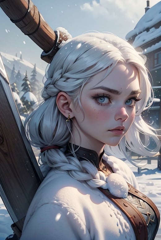 Sexy Viking girl, (half-serious beautiful face:1.3), expressive face, Viking clothes, (giant ax in the ground:1.3, ((snow))