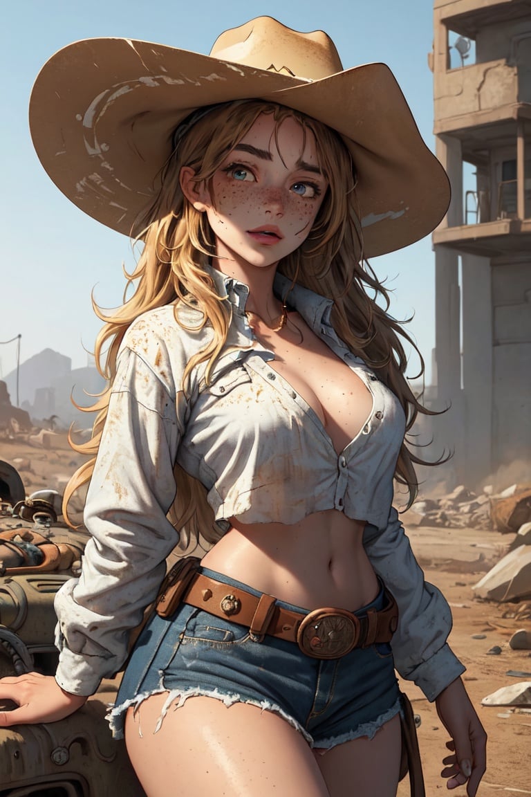 (masterpiece, best quality), 1girl, cowboy hat, cowboy western, freckles, wasteland, wavy hair,