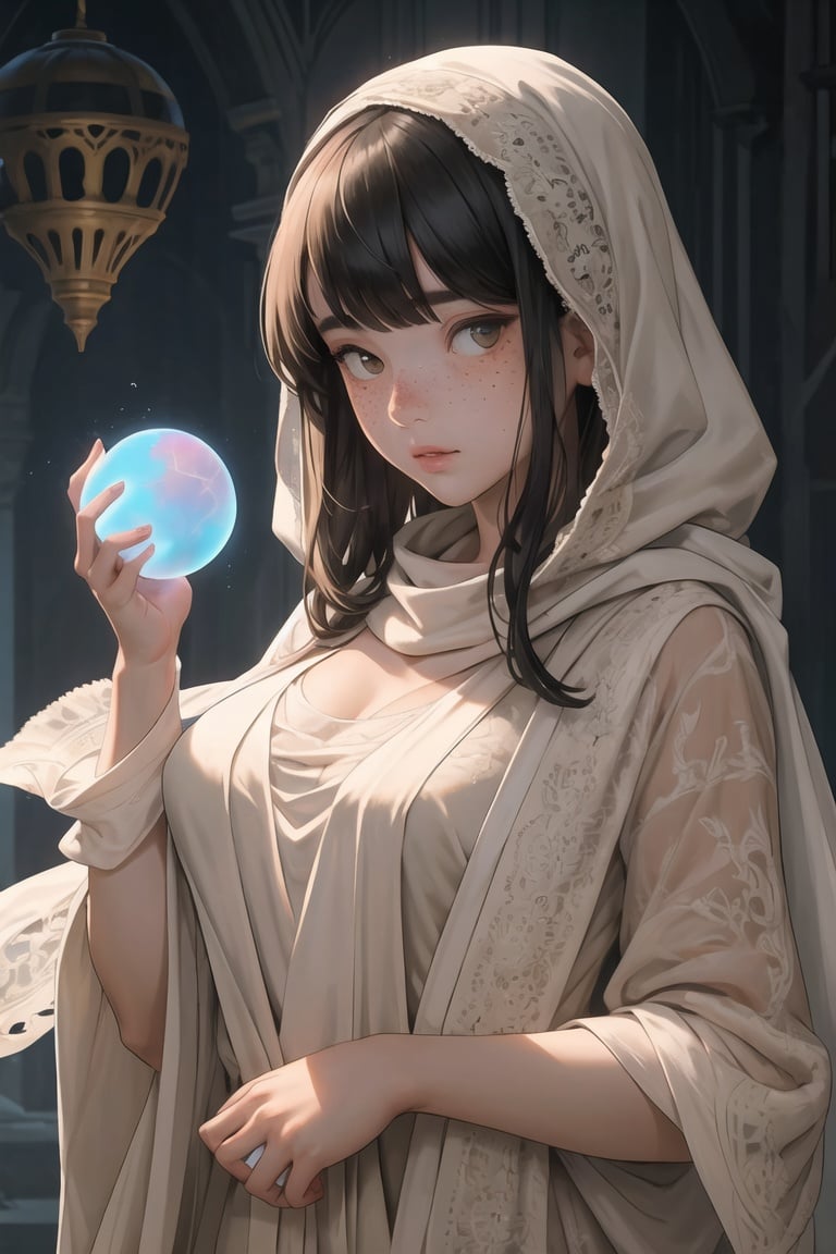 (masterpiece, best quality), 1girl, shawl, freckles, holding orb, intricate, upper body, bangs,