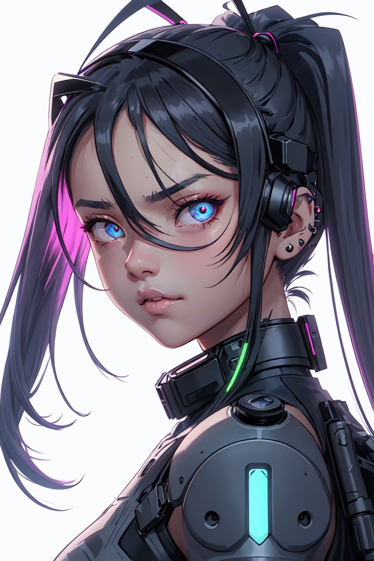 cyberpunk tomboy girl wearing an oculus rift, soft and cute facial features, beautiful piercing eyes, gorgeous Niji 5-style hair, cute accessories, detailed and stunning UHD quality, beautiful lighting and shadows, digital art, realistic background