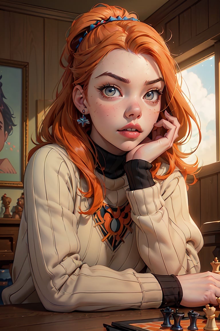 ((Pixar style Anya Taylor-Joy:1.3)), (masterpiece, top quality, best quality, ATLJ, 1girl, solo, realistic, orange hair, looking sideways, sweater, lips, upper body, long sleeves, indoor, black sweater, turtleneck, shut up, chess on table, 