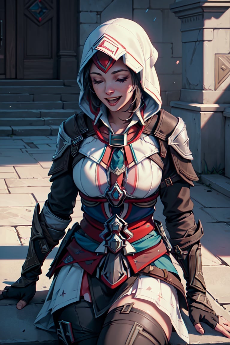 Laughing gamer girl, beautiful artwork, detailed scene, beautiful and elegant--50, (4k quality, unreal engine 5), (assassin creed style art:1.2)