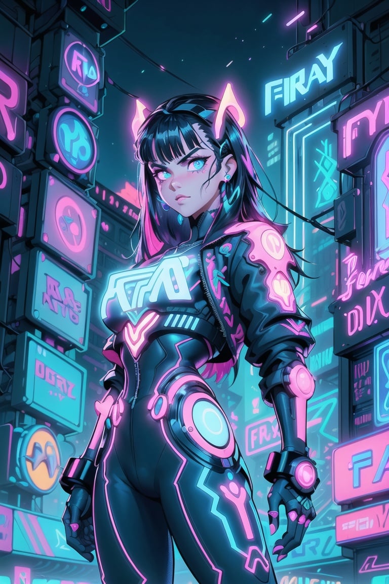 Frumoasă fată cyberpunk, (stil cyberpunk: 1.3), o femeie frumoasă și delicată, piele detaliată, haine elegante și futuriste, ((المستقبل)), ((((neon city: 1.3))), (Pixar Illustration style:1.3)