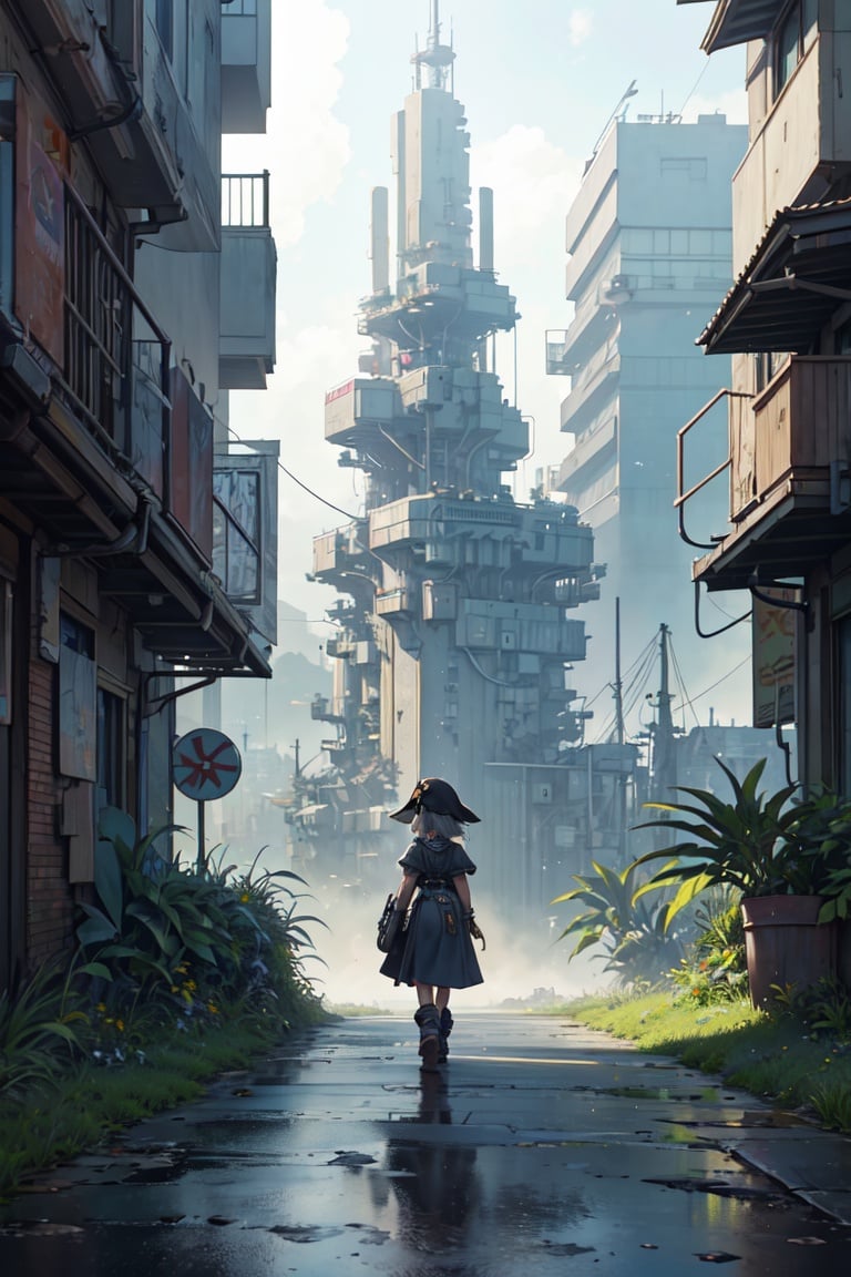 original dandelions art, personal, little girl walking through the city the clouds are on the floor, cyberpunk buildings, 3D pirates of the caribbean art, (detailed scenes:1.0), (vegetation and outstanding palm trees:0.9)🌴🌿