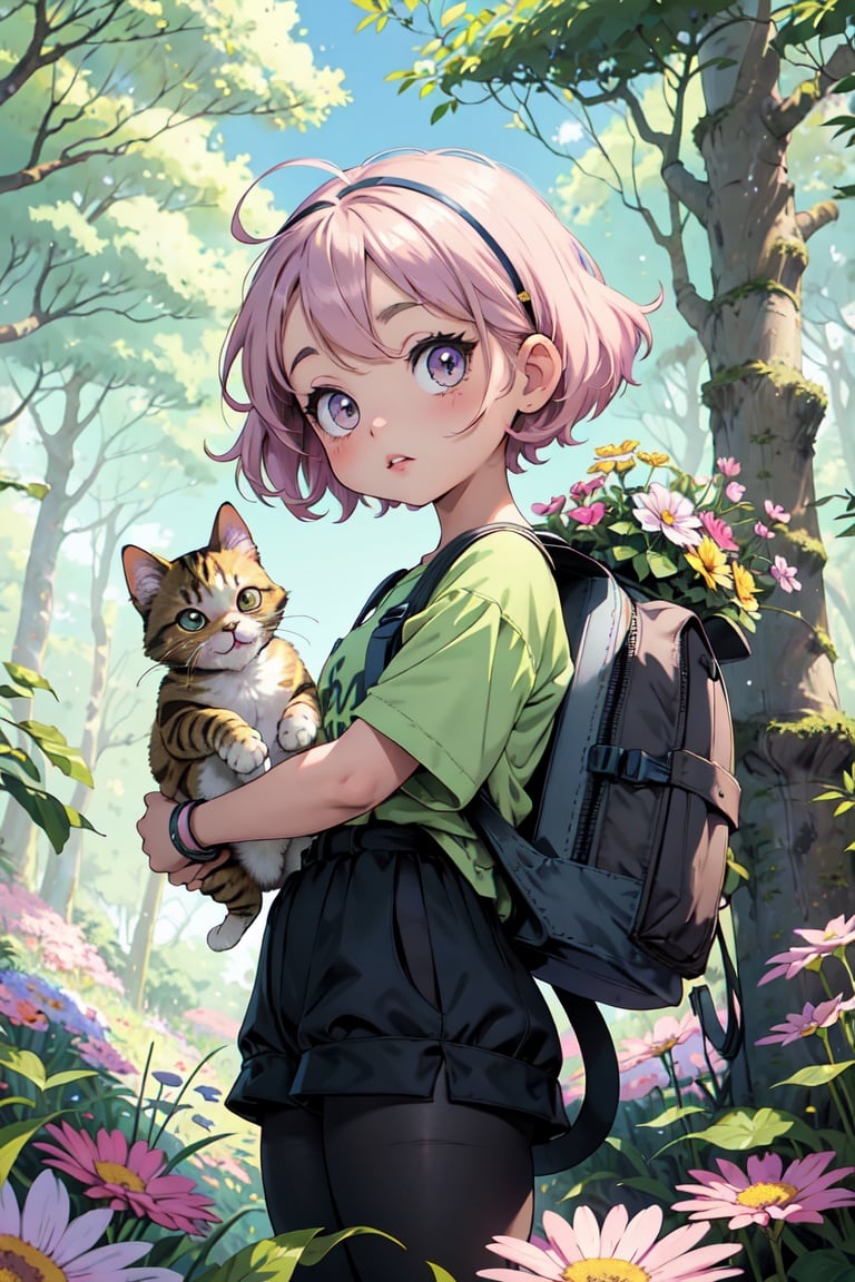 ((chibi girl)), adventurer with a large backpack on her back, big eyes, pastel colors, cute outfit, short hair, holding a cat on top of her head, standing in a verdant forest background with lots of flowers and trees, digital art