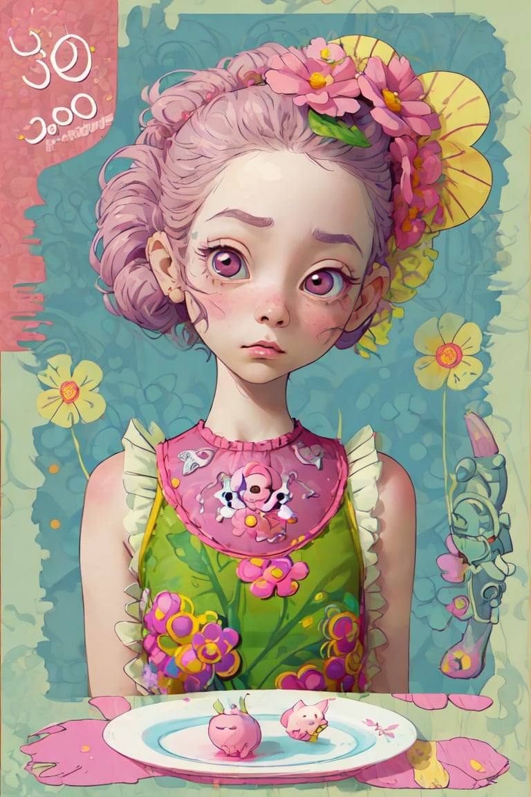 (cute and flowerpunk:1.2), weird and beautiful, where is my food, young girl, expressive face, (pixar style--30), super high quality, delicate details and elegant, 🍥🐭🐰