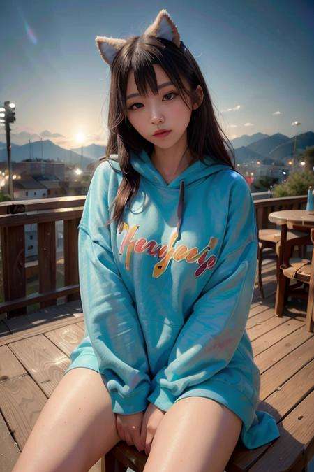 <lora:sung02:0.9>, (oversized_hoodie:1.3), colorful oversized_hoodie,good hand,4k, high-res, masterpiece, best quality, head:1.3,((Hasselblad photography)), sharp focus, (cinematic lighting), night, soft lighting, dynamic angle, [:(detailed face:1.2):0.2],(((sitting on a chair))), outside,   <lora:oversized_sweater:0.5>