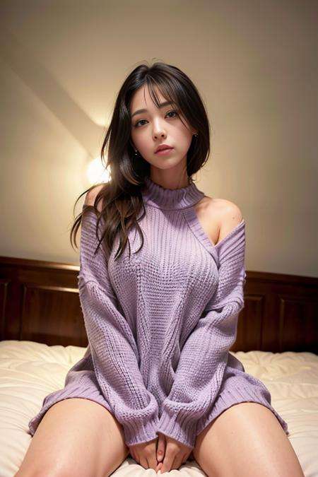 <lora:betterCuteAsian03:0.3>, (oversized_sweater:1.3), colorful oversized_sweater,good hand,4k, high-res, masterpiece, best quality, head:1.3,((Hasselblad photography)), sharp focus, (cinematic lighting), night, soft lighting, dynamic angle, [:(detailed face:1.2):0.2],(((sitting on a bed))), outside,   <lora:oversized_sweater:0.5>