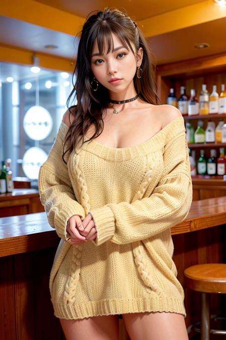 <lora:betterCuteAsian03:0.3> is posing for a photo in a sexy pose, (oversized_sweater:1.3), yellow oversized_sweater,good hand,4k, high-res, masterpiece, best quality, head:1.3,((Hasselblad photography)), sharp focus, (cinematic lighting), night, soft lighting, dynamic angle, [:(detailed face:1.2):0.2],(((standing in a bar))), outside,   <lora:oversized_sweater:0.5>