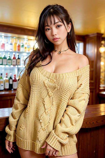 <lora:betterCuteAsian03:0.3> is posing for a photo in a sexy pose, (oversized_sweater:1.3), yellow oversized_sweater,good hand,4k, high-res, masterpiece, best quality, head:1.3,((Hasselblad photography)), sharp focus, (cinematic lighting), night, soft lighting, dynamic angle, [:(detailed face:1.2):0.2],(((standing in a bar))), outside,   <lora:oversized_sweater:0.5>