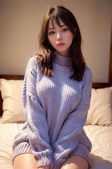 <lora:betterCuteAsian03:0.3>, (oversized_sweater:1.3), colorful oversized_sweater,good hand,4k, high-res, masterpiece, best quality, head:1.3,((Hasselblad photography)), sharp focus, (cinematic lighting), night, soft lighting, dynamic angle, [:(detailed face:1.2):0.2],(((sitting on a bed))), outside,   <lora:oversized_sweater:0.5>