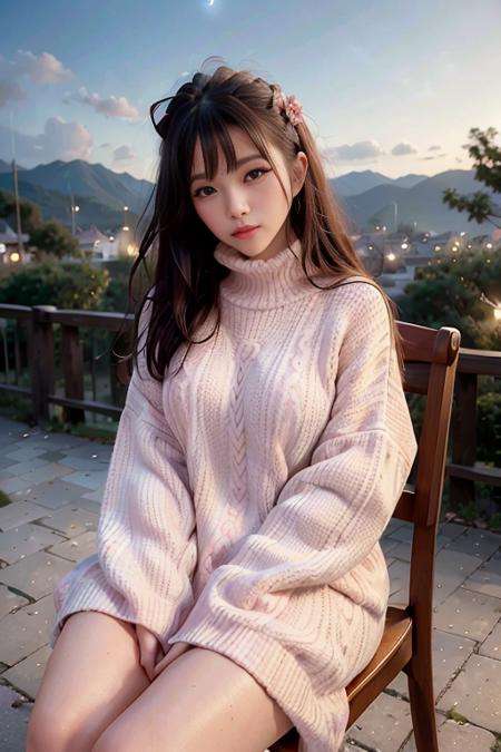 <lora:sung02:0.9>, (oversized_sweater:1.3),pink oversized_sweater,good hand,4k, high-res, masterpiece, best quality, head:1.3,((Hasselblad photography)), sharp focus, (cinematic lighting), night, soft lighting, dynamic angle, [:(detailed face:1.2):0.2],(((sitting on a chair))), outside,   <lora:oversized_sweater:0.5>