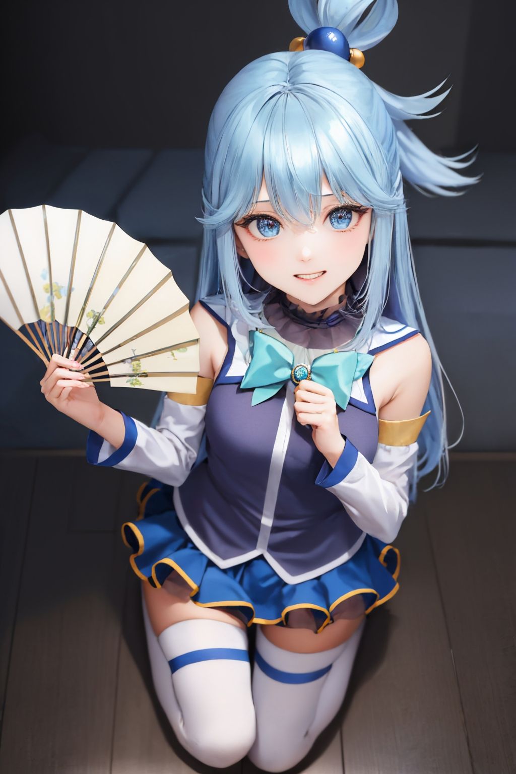 (masterpiece, best quality:1.2), solo, 1girl, ksaqua, grin, looking at viewer, holding, fan, hair rings, blue shirt, bow, detached sleeves, skirt, thighhighs, bare shoulders <lora:konosuba_aqua:0.9> <lyco:UnlimitedBladeWorks1.6:0.9>