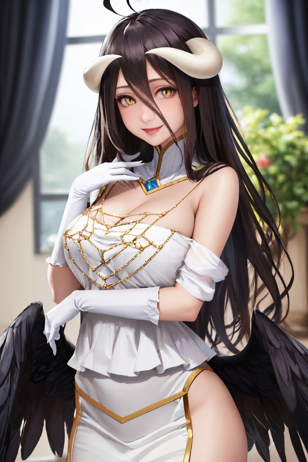 (masterpiece, best quality:1.2), solo, 1girl, albedodef, naughty face, smile, looking at viewer, hands on own chest, ahoge, horns, slit pupils, dress, hip vent, white gloves, black wings, bare shoulders <lora:ol_albedo:1.0>