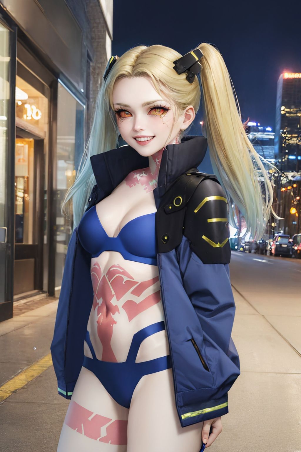 (masterpiece, best quality:1.2), cowboy shot, solo, 1girl, cprebecca, colored skin, white skin, grin, looking at viewer, twintails, artificial eye, colored sclera, red sclera, black jacket, bra, panties, night, city sidewalk <lora:cpedgerunners_rebecca:1.0>