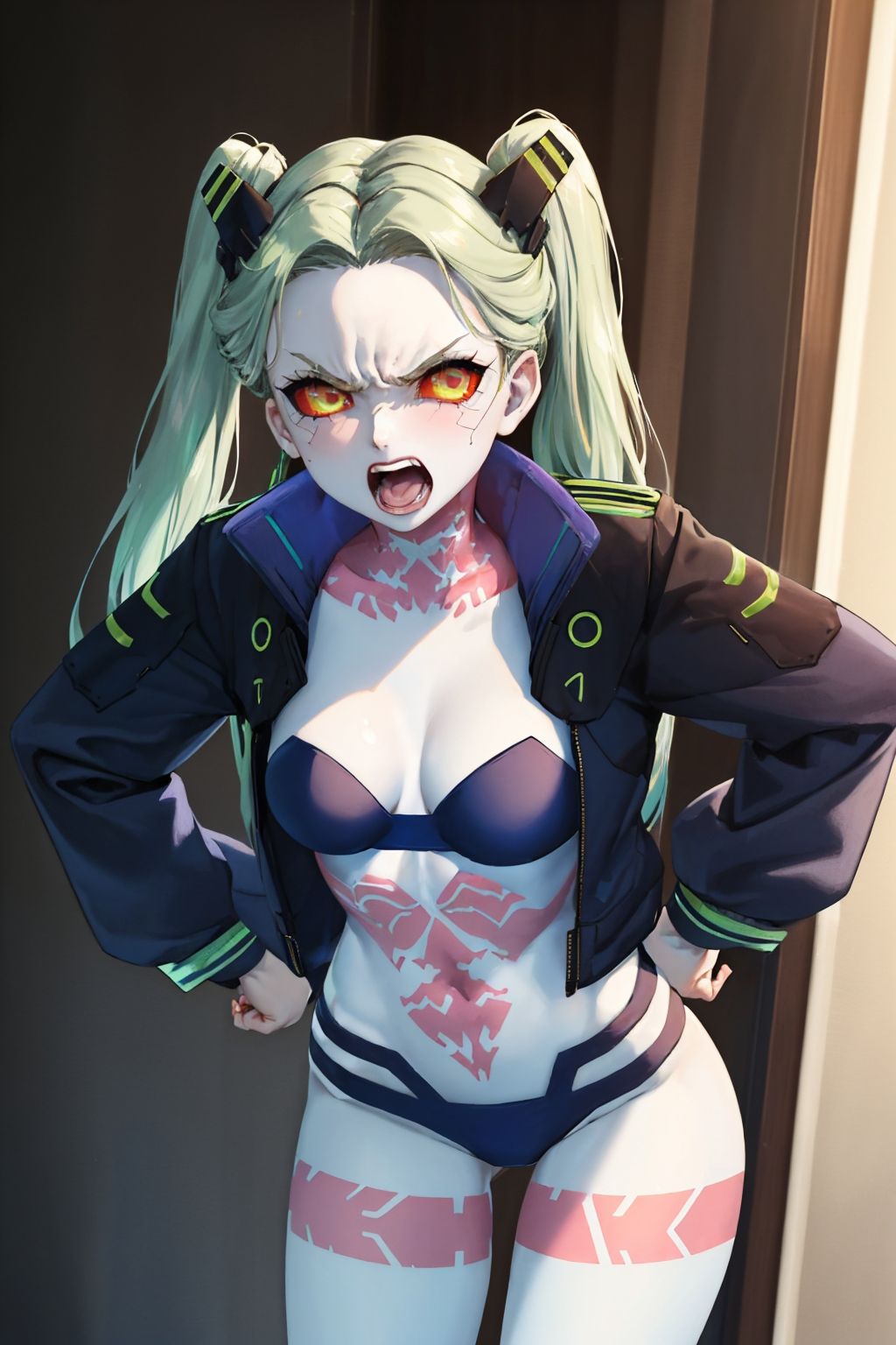 (masterpiece, best quality:1.2), cowboy shot, solo, 1girl, cprebecca, colored skin, white skin, angry, open mouth, looking at viewer, hands on hips, leaning forward, green hair, twintails, artificial eye, colored sclera, red sclera, black jacket, bra, panties <lora:cpedgerunners_rebecca:1.0>