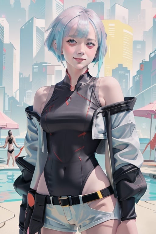 Upper body, forward facing, Lucy, cyberpunk, cyan eyes, short hair, blush hair with magenta tips, slim body, seductive look, smiling, Showing the buttocks, sexy,White jacket with long wristbands, white shorts, one-piece swimsuit, Erotic pose, yellow background, realistic, Red and sharp marks on eyes, white sleeves, Red tattoos on the eyes, Night, Cyan and pink neon glows, Realistic girl, Dark shadows