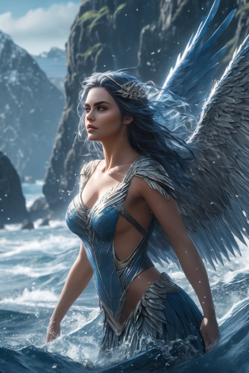 perfect photo Siren from the cold waters around Skellige. Her scales shimmer in shades of blue and silver, and her elongated, webbed fingers hint at her predatory nature. Her wings, a blend of fin and feather, glisten with droplets of seawater. While her beauty is undeniable, her sharp teeth and predatory gaze serve as a chilling reminder of her danger, extreme details, volumetric lighting, cinematic scene, full focus, 16k, UHD, HDR