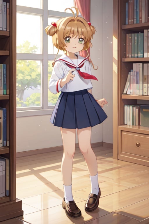 masterpiece, best quality, 1girl, solo, kinomoto sakura, pleated skirt, shirt, indoors, library, tomoeda elementary school uniform, two side up, smile, shy,
