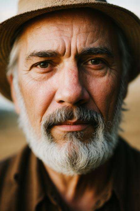 closeup portrait emotional photo of old man in rugged bluesman clothes, face, 8k uhd, high quality, film grain, looking at viewer, portrait, (skin pores:1.2), (moles:0.8), (imperfect skin:1.1), intricate details, goosebumps, flawless face, ((photorealistic):1.1), (raw, 8k:1.2), hyper realistic, HDR, cinematic, dark, muted colors, atmosphere, ((macro lens)), sunset