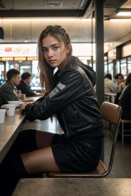 gritty raw street photography, plain clean earthy young female hacker, matrixpunk cybercostume, sitting in a busy crowded street diner, (hyperrealism:1.2), (8K UHD:1.2), (photorealistic:1.2), shot with Canon EOS 5D Mark IV, detailed face, detailed hair