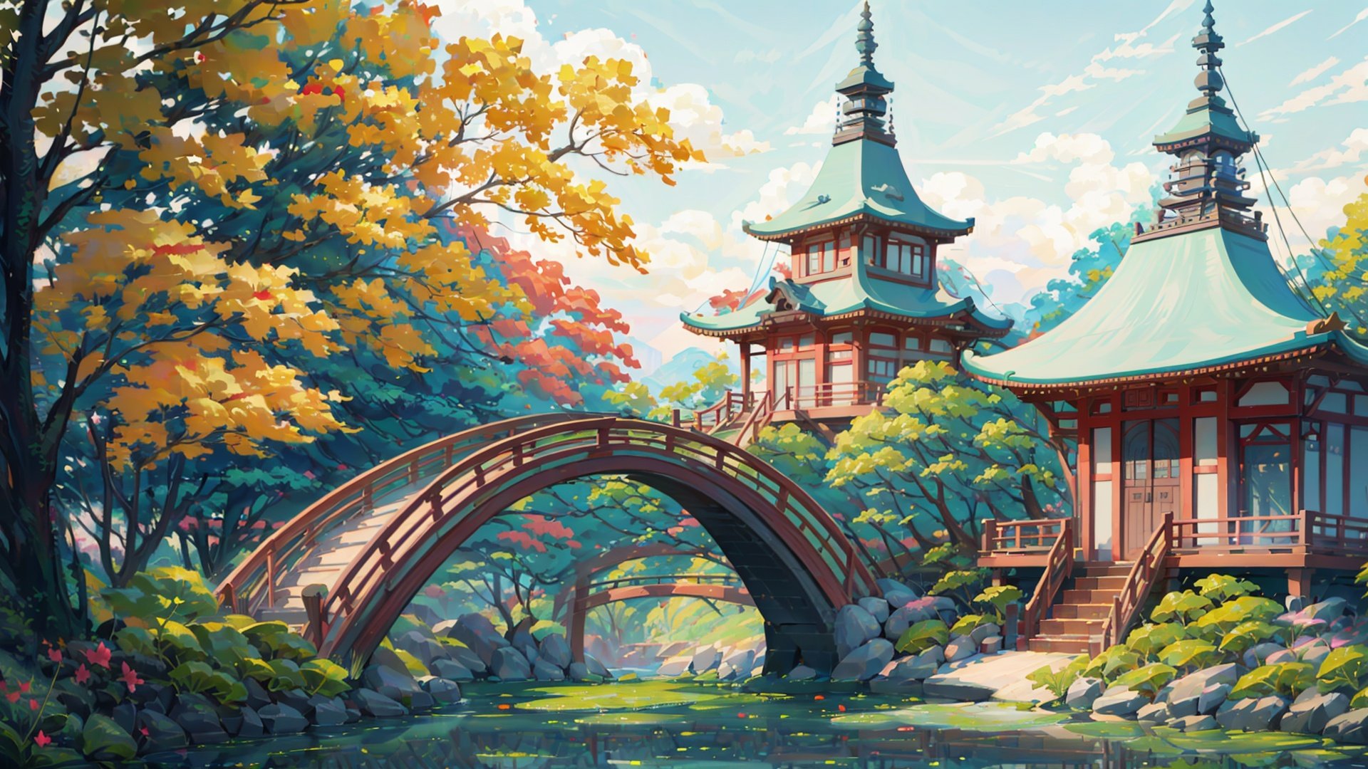 (((masterpiece))), ((extremely detailed CG unity 8k wallpaper)), best quality, high resolution illustration, Amazing, highres, intricate detail, (best illumination, best shadow, an extremely delicate and beautiful),

2D ConceptualDesign, scenery, outdoors, bridge, east asian architecture, tree, cloud, architecture, lily pad, sky, day, pagoda, water, river